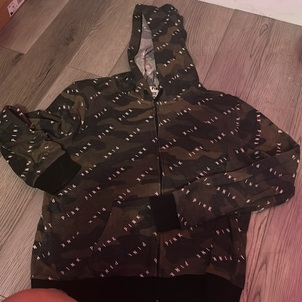pink army pattern zip up hoodie